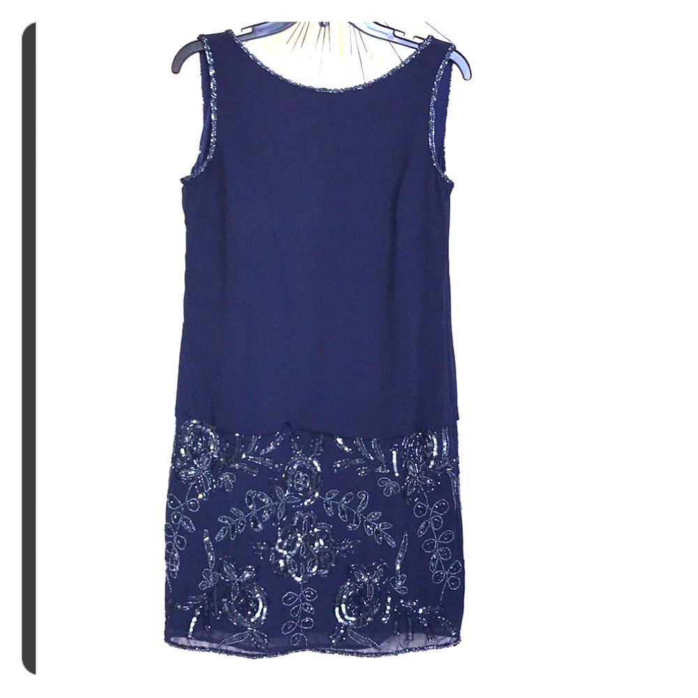 Adrianna Papell navy sequin embroidered mini dress